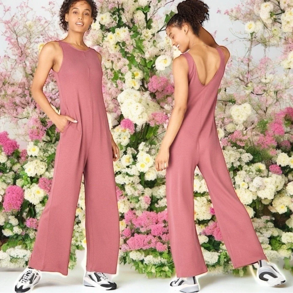 Fabletics Grace Relaxed Wide Leg Jumpsuit in Color Dark Rouge Athleisure S